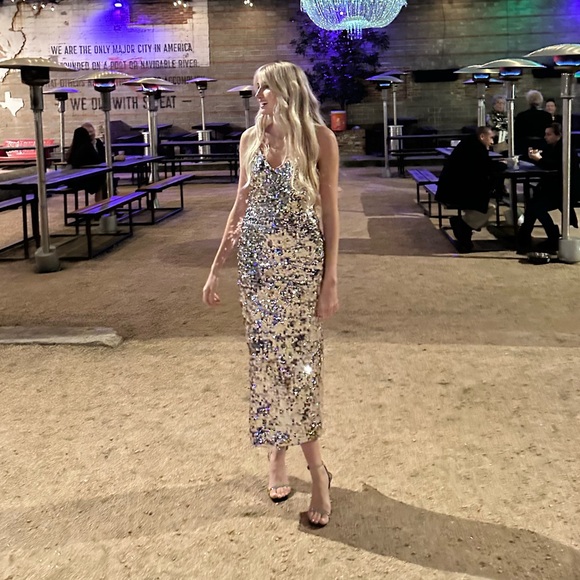 Zara Silver Sequins Silver Pink Undertone Midi Dress New Years Eve Party Size S - Picture 4 of 4